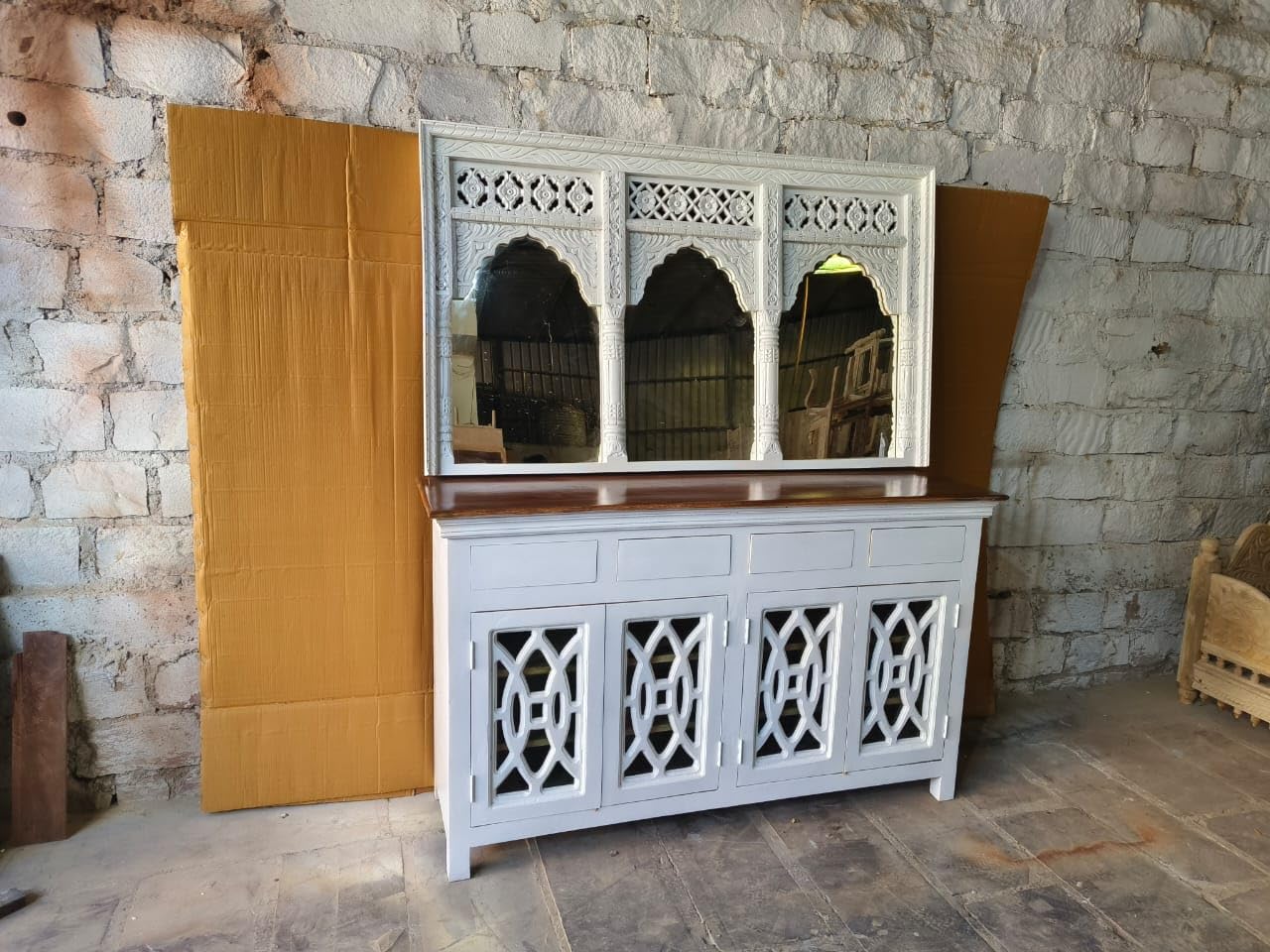 Solid Wood Hand-Carved Jharokha Sideboard with Mirror Hutch, Traditional Indian Buffet Cabinet for Living Room & Dining, Distressed White Finish-image-14