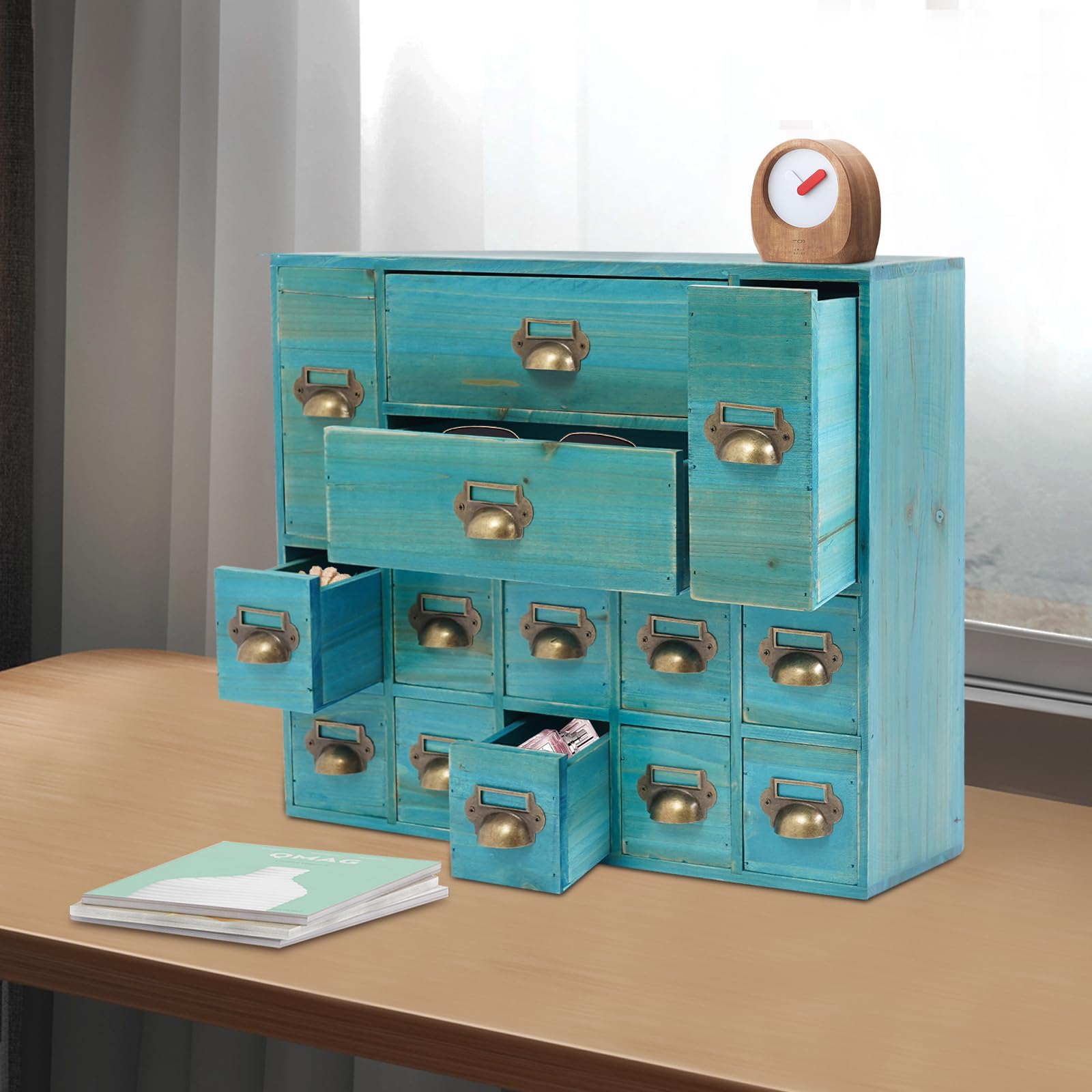 Vintage-Apotheker-Schubladen für Schreibtisch-Organizer, Holz-Tischplatte, Katalogschrank, Aufbewahrung für Schmuck,Desktop Mini Kommode mit 16 Schubladen für Home Office Desktop Organizer und Storage