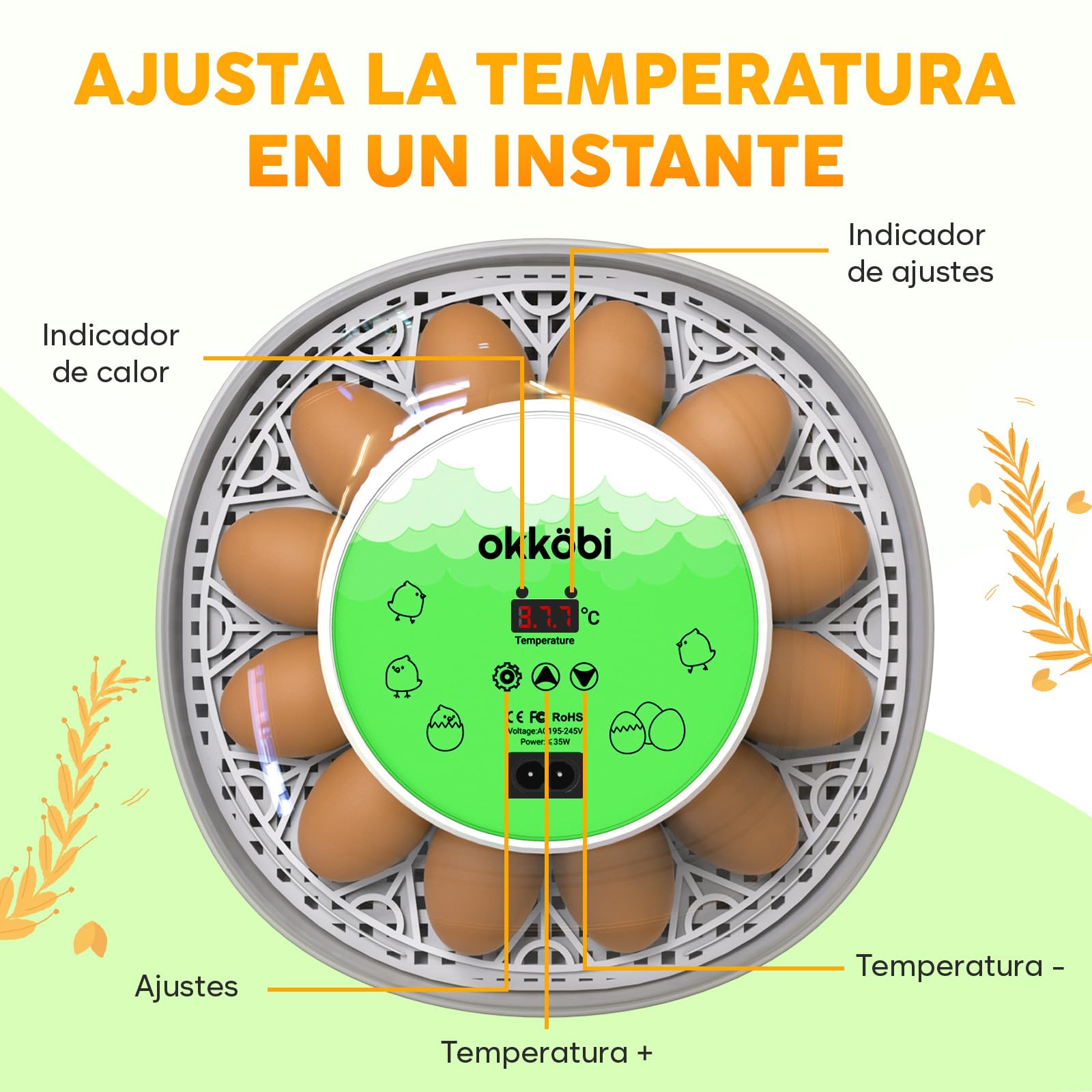 Okkobi M12 - Incubadora Huevos Gallina Automática - Volteo Automático y Control de Humedad - Chocadeira Ovos Automática - 12/24 huevos, Vista 360°, fácil de usar y limpiar - Blanco y verde