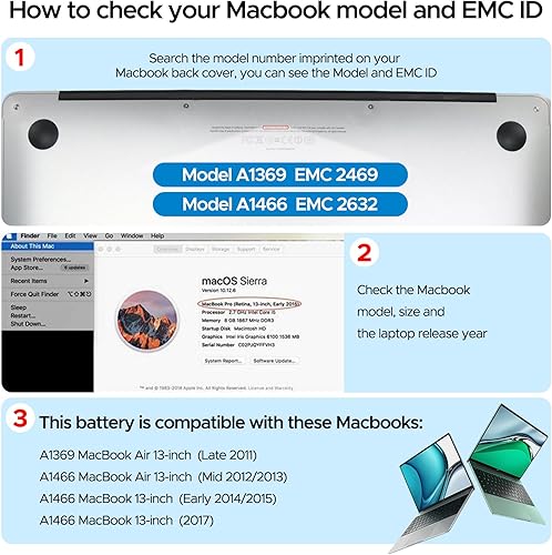 Miniatura 3 de Key Power Batería A1466, repuesto de batería MacBook Air de 13 pulgadas para A1466 (mediados de 20122013, principios de 20142015, 2017), A1369