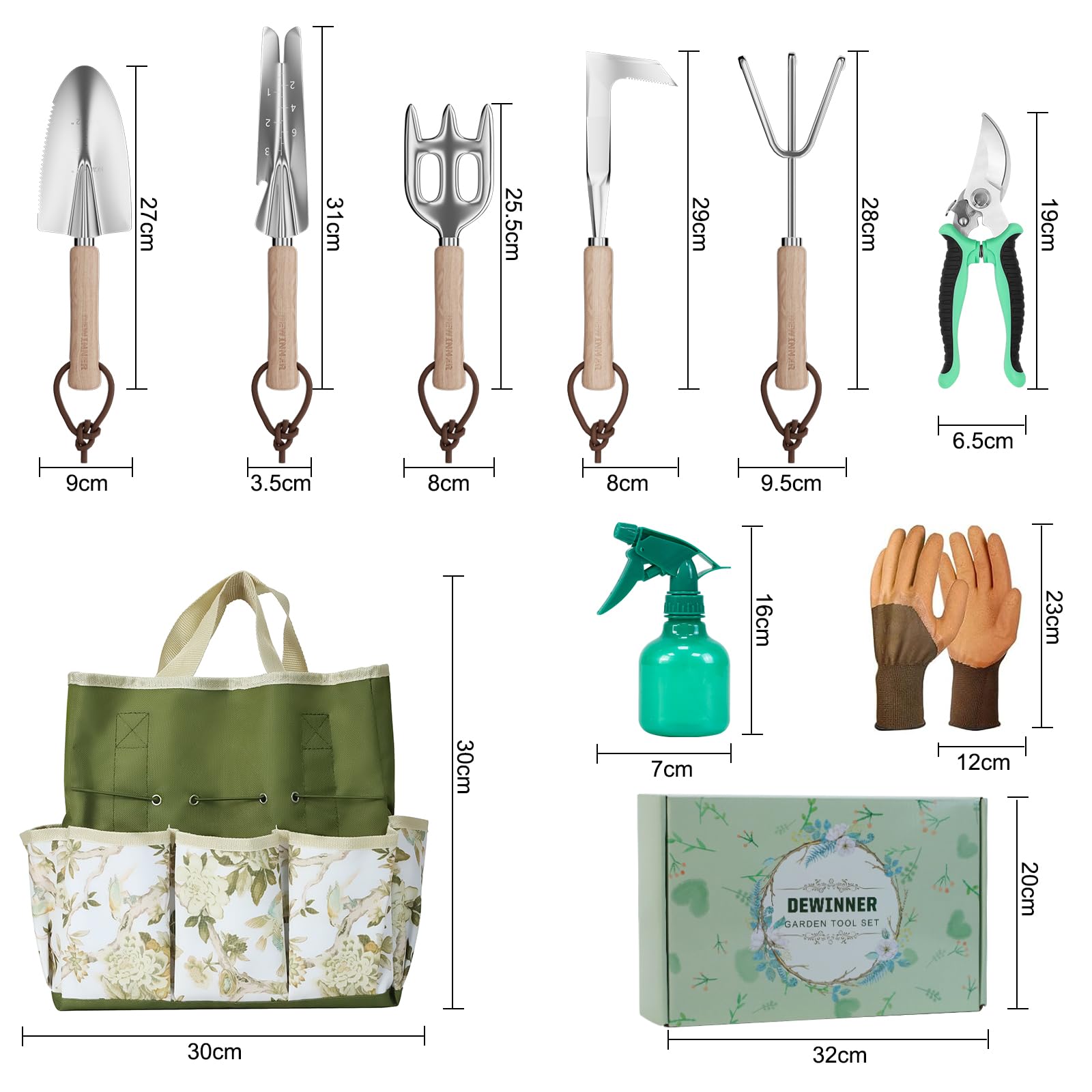 DEWINNER Set Di Attrezzi Da Giardinaggio, 12 Pezzi Kit Giardinaggio Con Manico in Legno Antiscivolo, In Acciaio Inox, Per Esterni Attrezzi Da Giardino, Strumenti Da Giardinaggio per Donne E Uomini