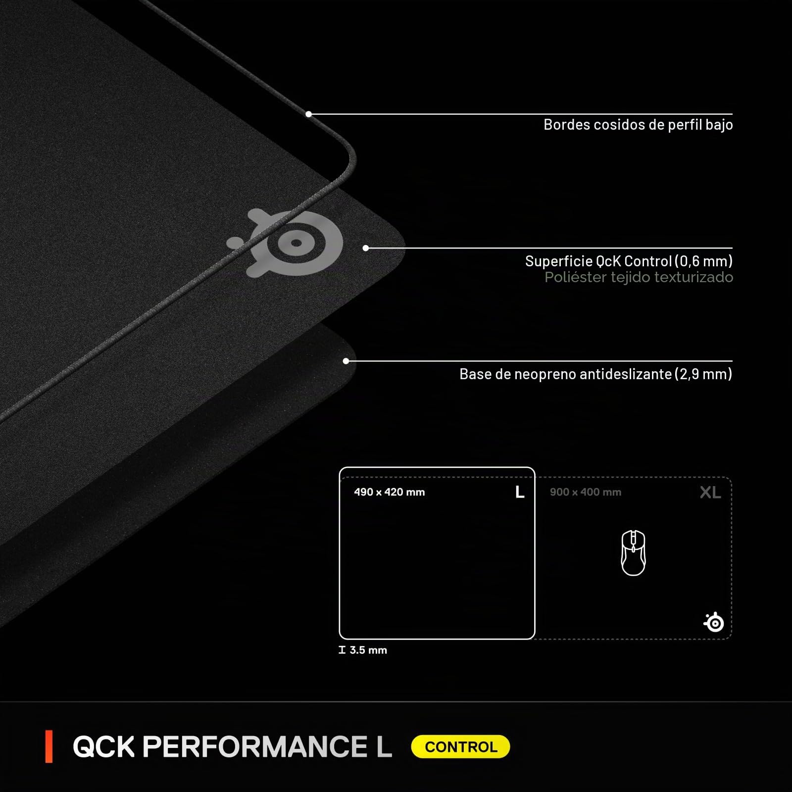 SteelSeries QcK L - Alfombrilla de Mouse para Juegos con Control de Rendimiento, Densidad Extra para un Deslizamiento Suave, Costuras de Borde de Perfil bajo, Base de Goma de Neopreno Antideslizante,