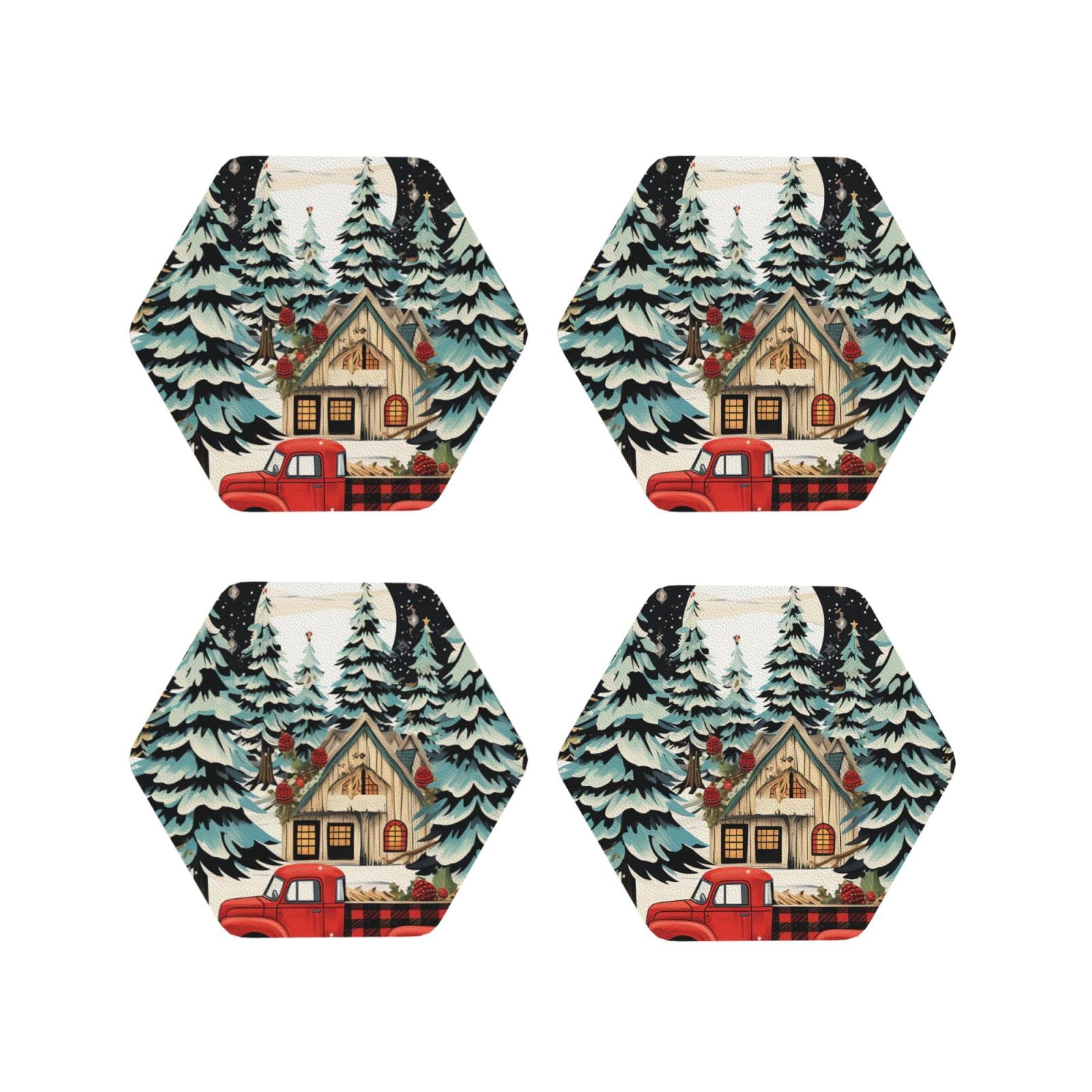 4pcs Drink Coasters for Tabletop Protection, 4" Leather Coasters for Drinks, Farmhouse Christmas Cup Coasters for Coffee Table Decor, Non-Slip Drinking Cup Mat for Hot Or Cold Drink