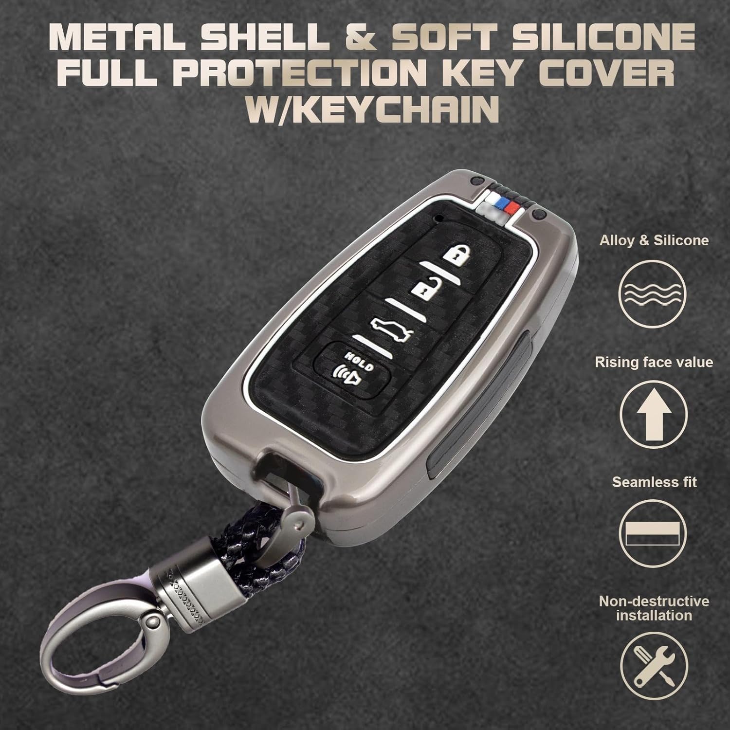 x xotic tech Key Fob Cover w/Keychain Full Protection Remote Key Case Compatible with Camry RAV4 Highlander Avalon Prius Corolla GT86, Metal Shell & Soft Silicone(Gunmetal Gray Cabron Fiber Style)