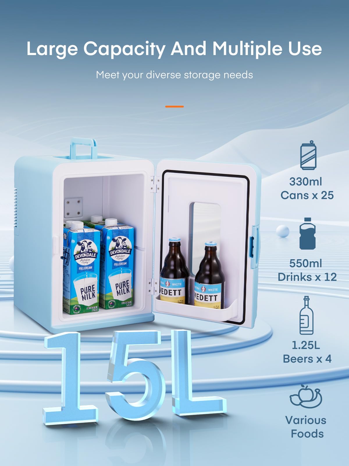 FOHERE Mini Frigo 2 in 1, Frigorifero Portatile da 15 Litri con Funzione di Raffreddamento e Riscaldamento, 12V DC/220V AC per Auto, Uffici e Camere da Letto (Blu)