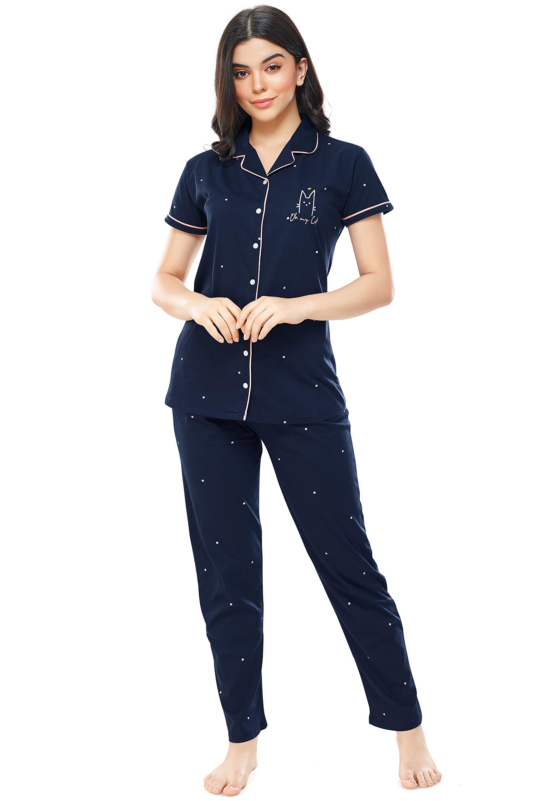 zeyo Women's Cotton Dot Printed Night Suit Set Of Shirt & Pajama Set-picture-35