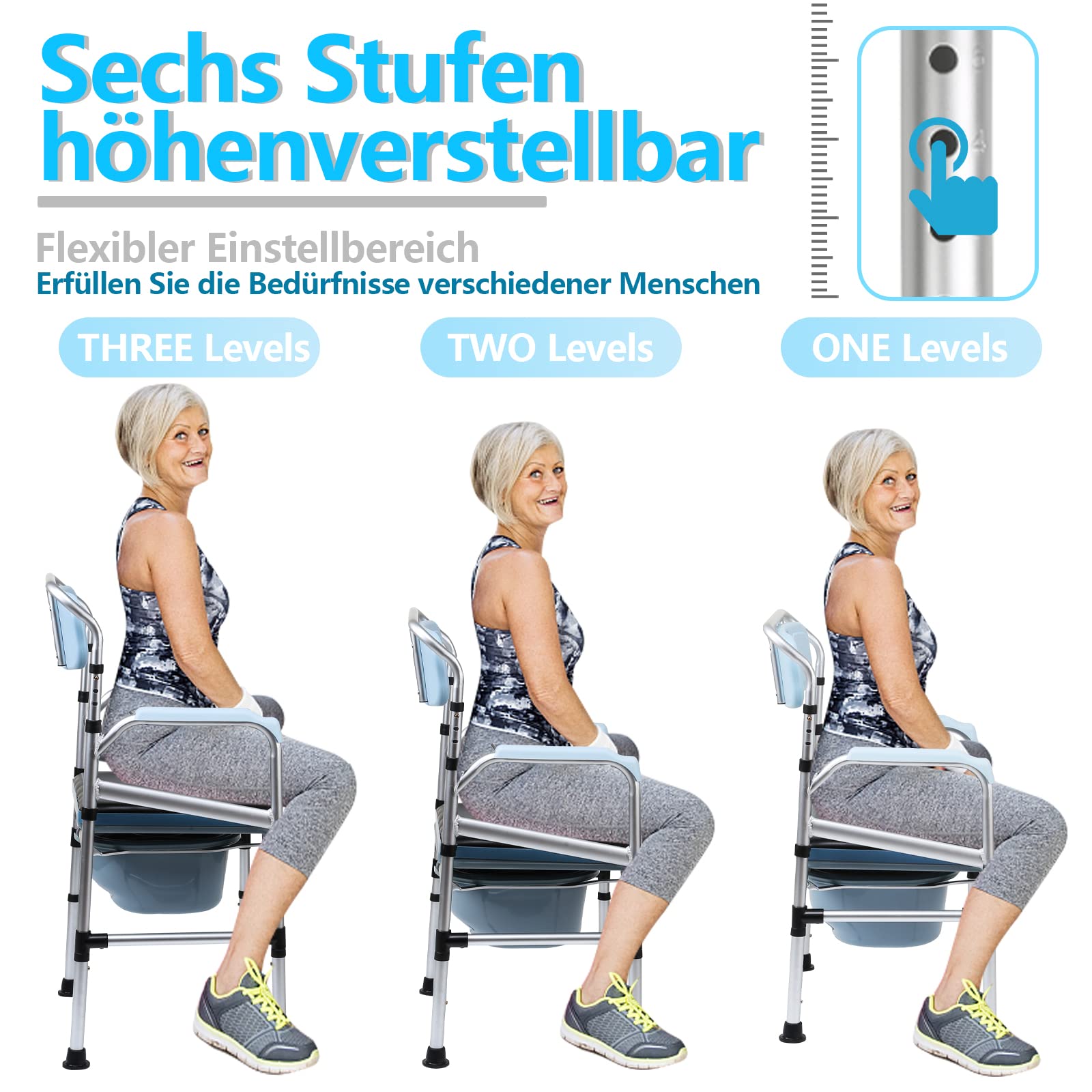 Sonnewelt Sedia WC per anziani, regolabile in altezza con bracciolo, schienale antiscivolo, portata fino a 160 kg