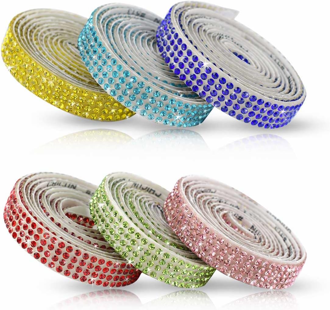 6 Rolls Crystal Rhinestone Ribbon Sticker Diamond Ribbon Roll for Crafts DIY Bling Rhinestones Tape Self Adhesive Crystal Rhinestone Strips Wedding Decoration Party Decor 6 Yards (Assorted Colors)