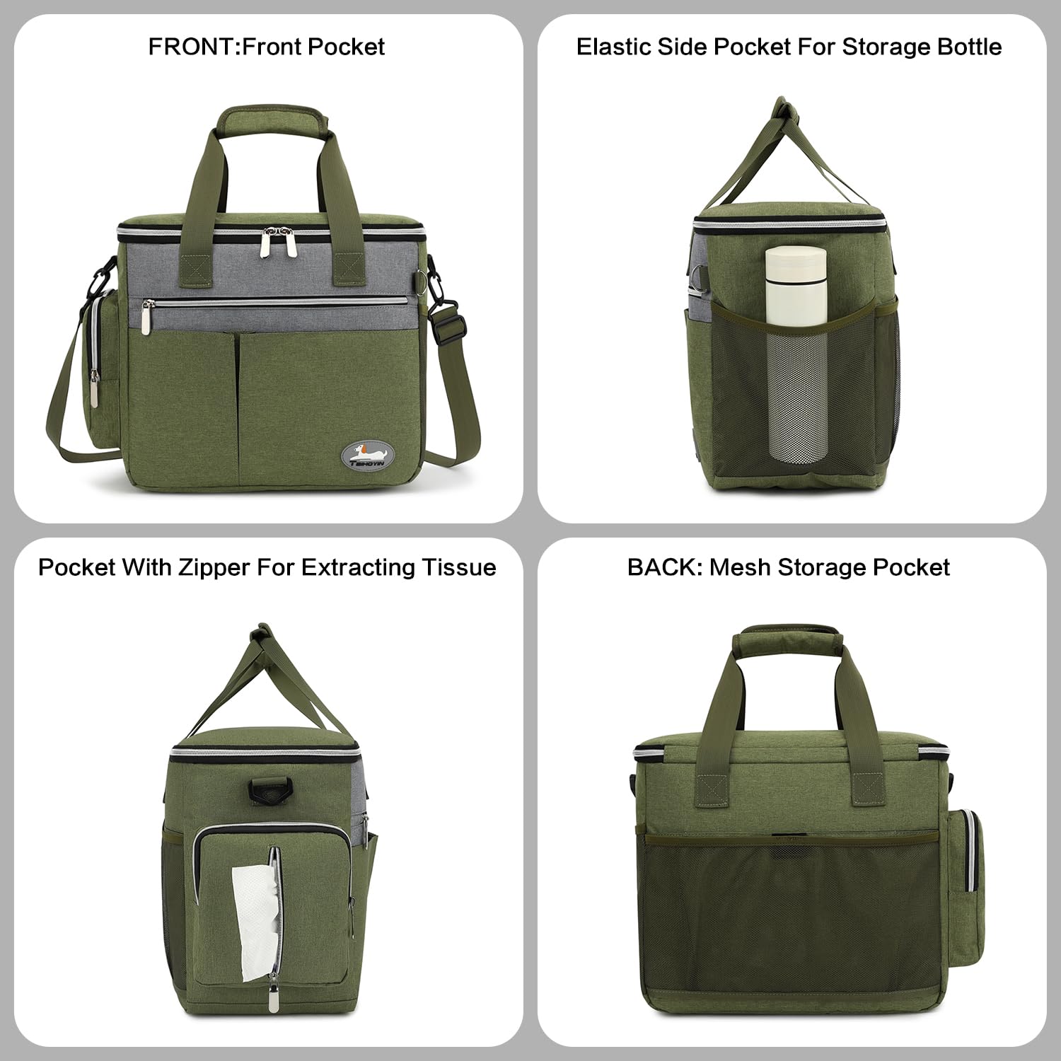 Hunde Reisetasche Flugzeug Haustier Reiseset für Hundezubehör mit 2 Futtertasche + 2 Zusammenklappbare Schüsseln + Fütterungsmatte + Hundeleckerli Tasche, Hundetragetasche für Unterwegs, Grün