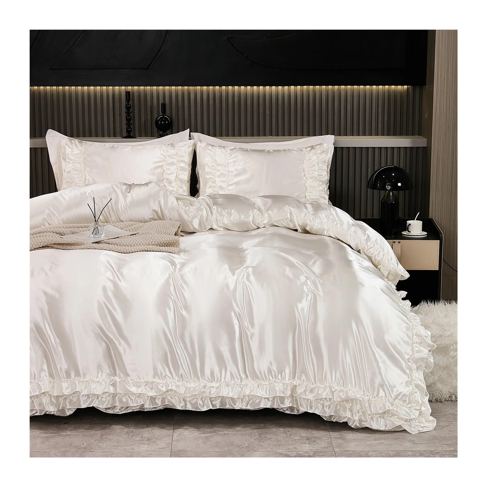 ZHSOAO 3PCS Satin Duvet Cover Set Silk Bedding Silky Ruffle Pattern Luxury Bed for Bed(WHITE,200x200cm-UK-Double)