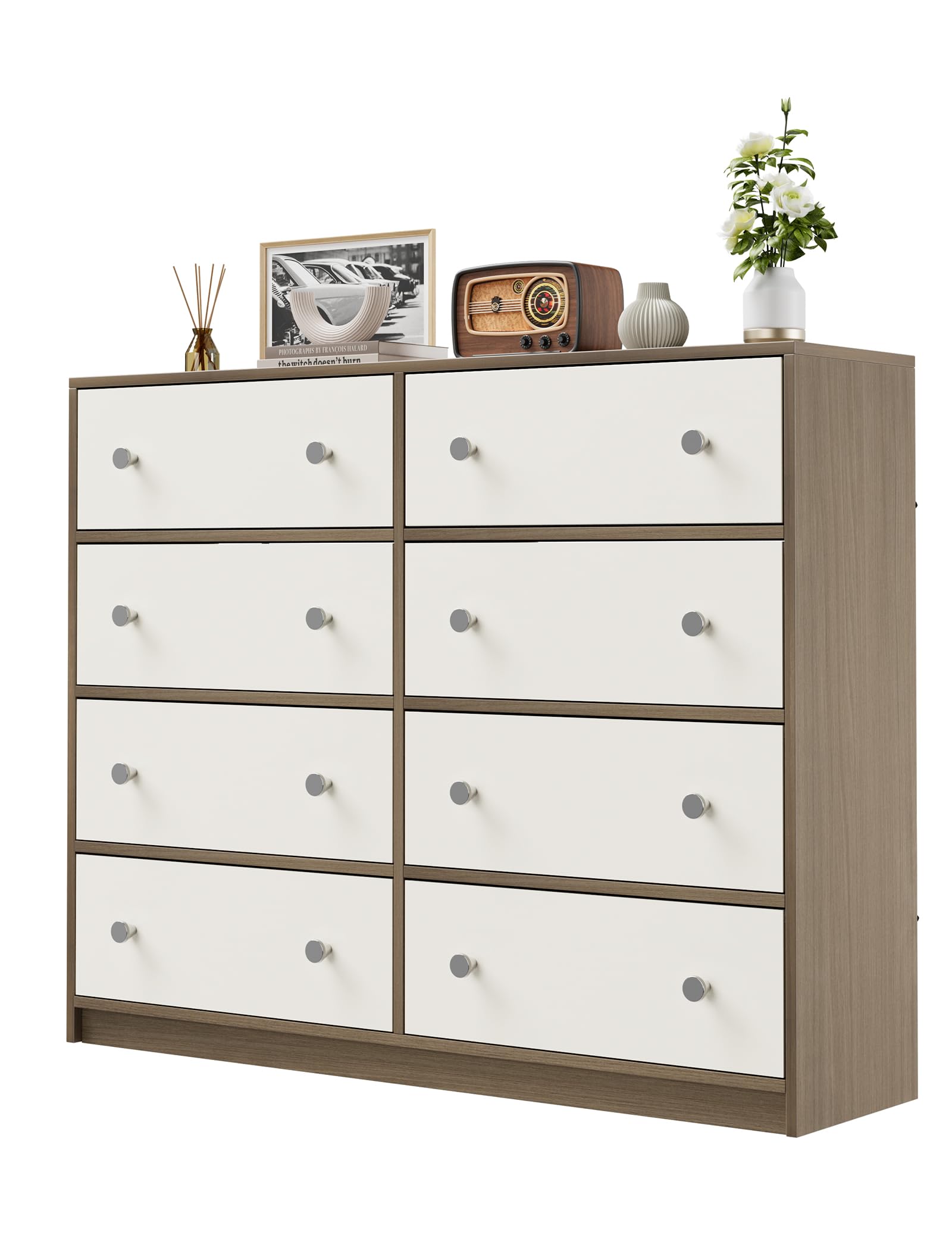 Nicehill Chest of Drawers with 8 Drawers, Wooden Frame & Silver Handles, Fabric Chest of Drawers for Bedroom, Living Room, Hallway, Entryway, White/Light Wood Grain