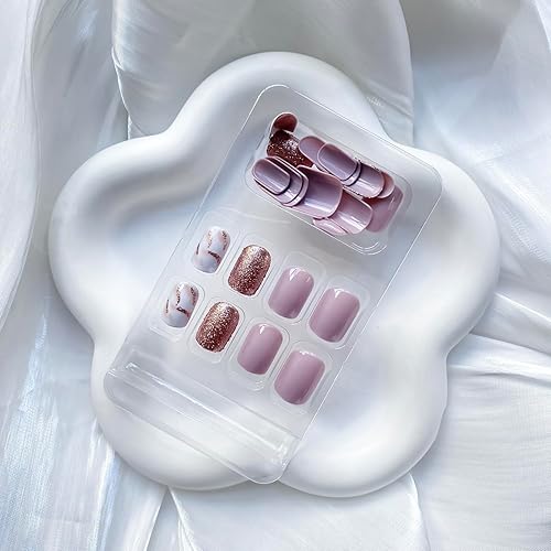 Miniatura 2 de 24 piezas de uñas postizas a presión cortas de raíz de loto, color rosa, uñas falsas cuadradas con diseños de purpurina, patrón de mármol, uñas