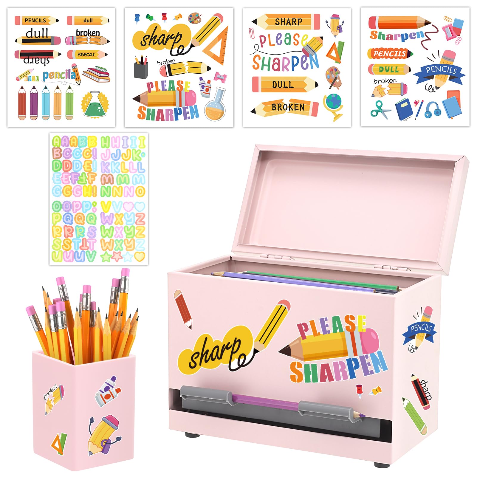 SYMDROMIA Stiftespender für Klassenzimmer, Edelstahl, Stifthalter für den Schreibtisch, Bleistiftspender-Set mit Silikon-Organizer und 5 Aufklebern, Schulanfang, Klassenzimmer, Muss für Lehrer, Rosa