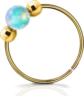 Tiny Cartilage Earring - Snug Gold Helix Piercing - 14K Gold Filled 8mm Ring 3mm Green Opal - Thin Helix Piercings Hoops (Light Blue Opal Gold)