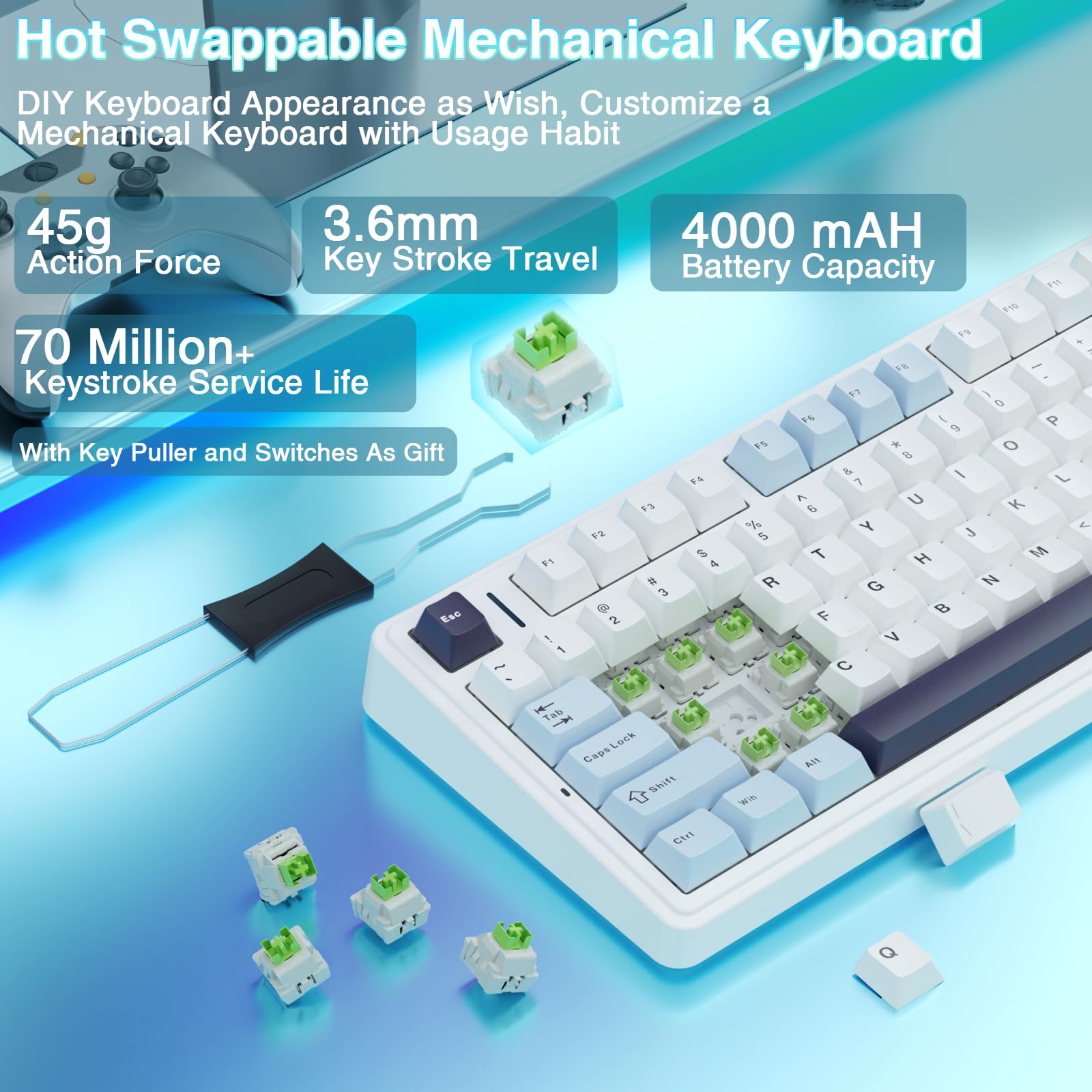 AULA F75 75% Wireless Mechanical Keyboard,Gasket Hot Swappable Custom Keyboard,Pre-lubed Reaper Switches RGB Backlit Gaming Keyboard,2.4GHz/Type-C/Bluetooth Mechanical Keyboard (White & Blue)