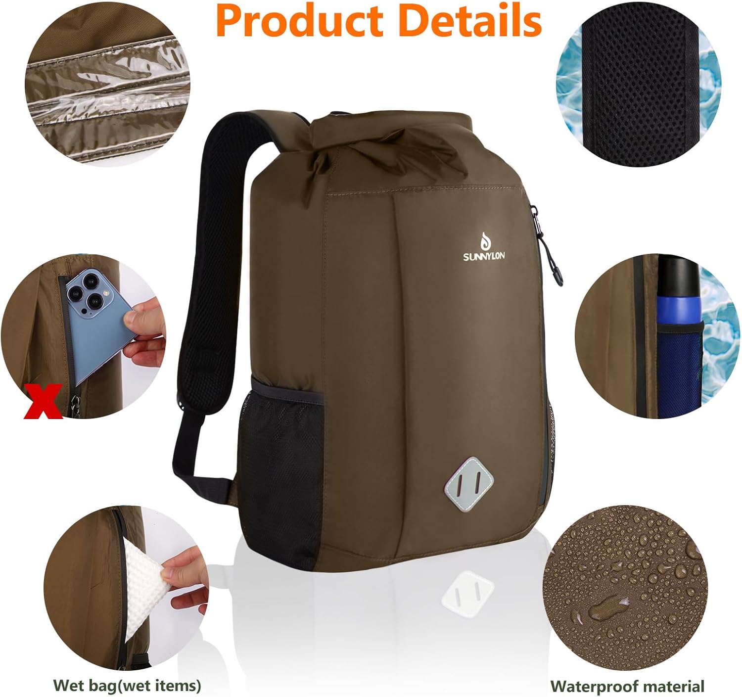 Dry Bag Backpack, 20 L Dry Bag Waterproof with Waist Pouch and Phone Case,Dry bag for kayaking,Marine dry bag for Kayaking, Beach, Rafting, Boating, Hiking, Camping and Fishing (Coffee) - Image 4