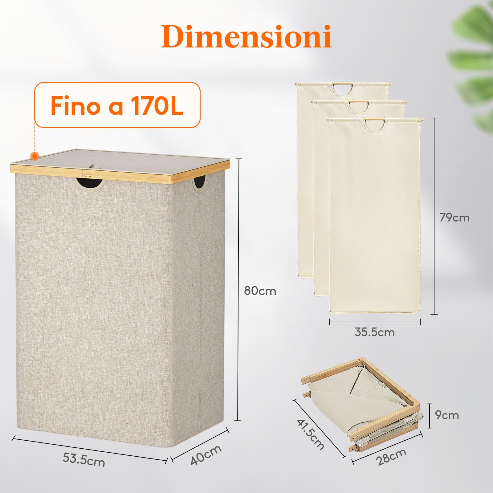 Lifewit 170 L Cesto Portabiancheria in Bambù, Grande Portabiancheria Sporca con Coperchio, Cesta Biancheria Pieghevole con Sacchi Rimovibili per Camera, Bagno, Lavanderia, Beige