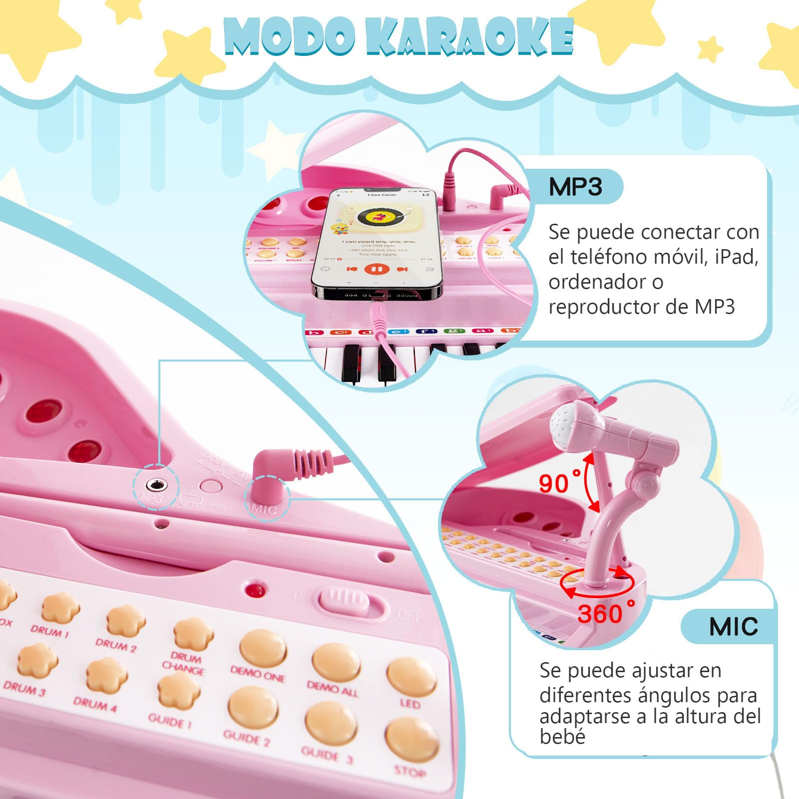 COSTWAY Piano Electrónico para Niños de 31 Teclas con Taburete, Teclado Piano Infantil de Multifunción Portátil con Micrófono, LED Modo de Enseñanza, Función de Grabación y Reproducción (Rosa)