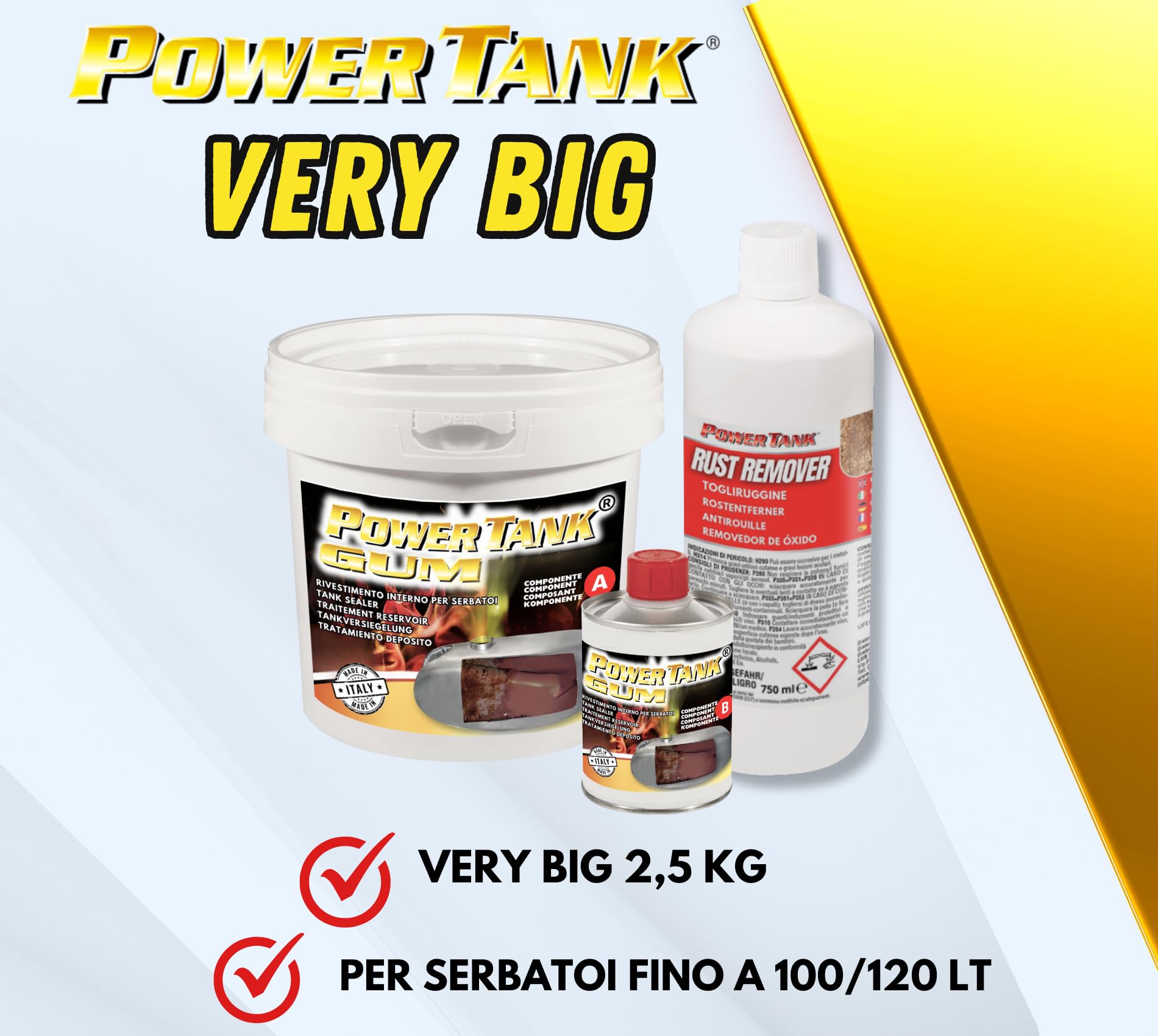 POWER TANK Gum Trattamento Serbatoio Moto Auto (100/120 Litri) Kit Very Big 2,5 kg per da Interno Serbatoi Benzina Diesel Gasolio Elimina la Ruggine Ripara Protegge Arrugginito Vespa con Antiruggine