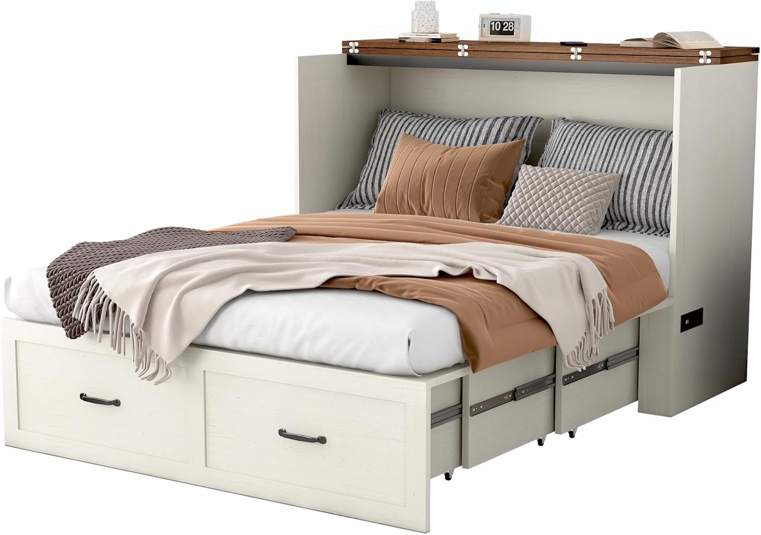 Hlivelood Full Size Murphy Chest Bed with Drawer and Charging Station, Farmhouse Wood Space-Saving Hidden Folding Beds Chest, Multifunctional Storage Cabinet Bed for Bedroom, Office, Rustic White