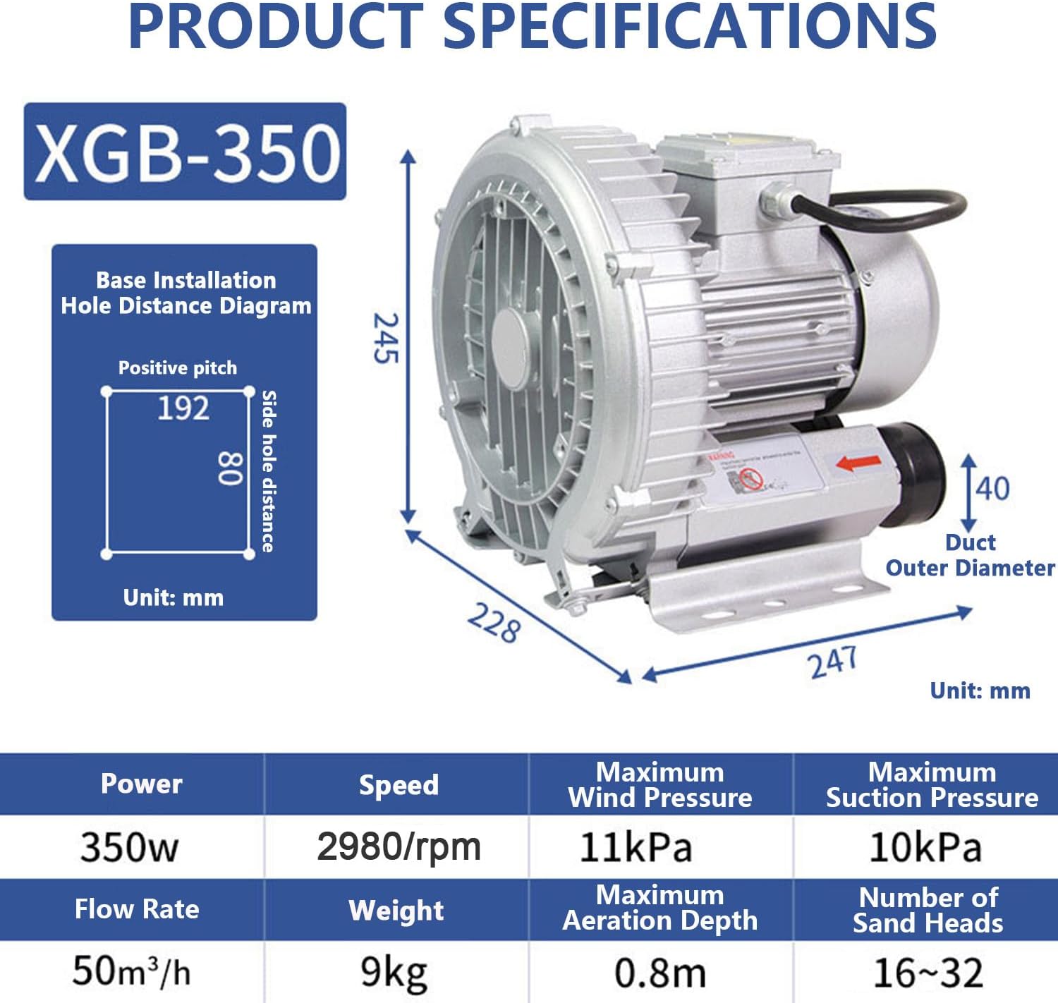 Single Phase Turbine Blower, Regenerative Air Blower, 120w-1100w Optional, 2980 RPM/Min, Maximum Air Volume 210m³/H, with Dust Filter and Aluminum Housing, Blow-Suck Dual-Purpose,350W