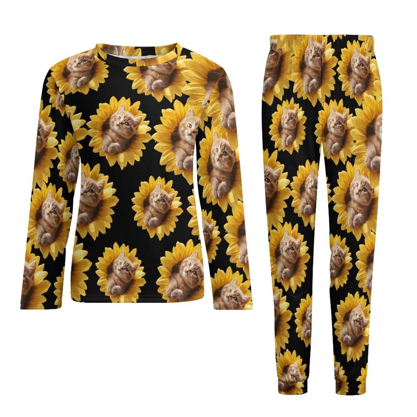 Conjunto de pijama de girasol para hombre, cuello redondo, 2 piezas, manga larga, suave, transpirable para todas las estaciones