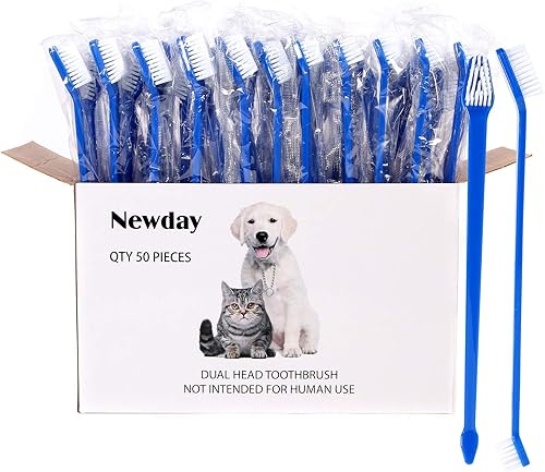 Newday 50 cepillos de dientes de doble cabeza para perros y gatos, cerdas súper suaves, cepillo de dientes para el cuidado bucal, cepillo de dientes