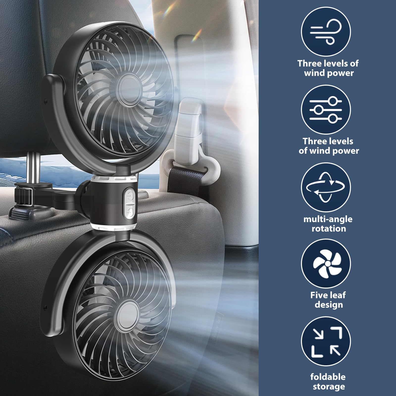 Ventilateur Voiture 12V, Ventilateur de Voiture Double Tête USB, Ventilateur de Refroidissement de Voiture Double Tête, 3 Vitesses Réglables, Rotation à 360° Ventilateur Portable Voiture pour SUV/RV