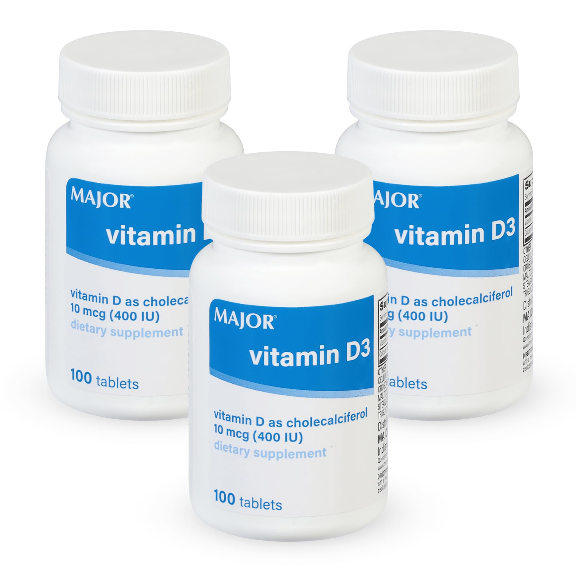 MAJOR Vitamin D3 10mcg (400 IU) - Contains 25mg of Calcium - Dietary Supplement - 100 Tablets (3 Pack) 100 Count (Pack of 3)