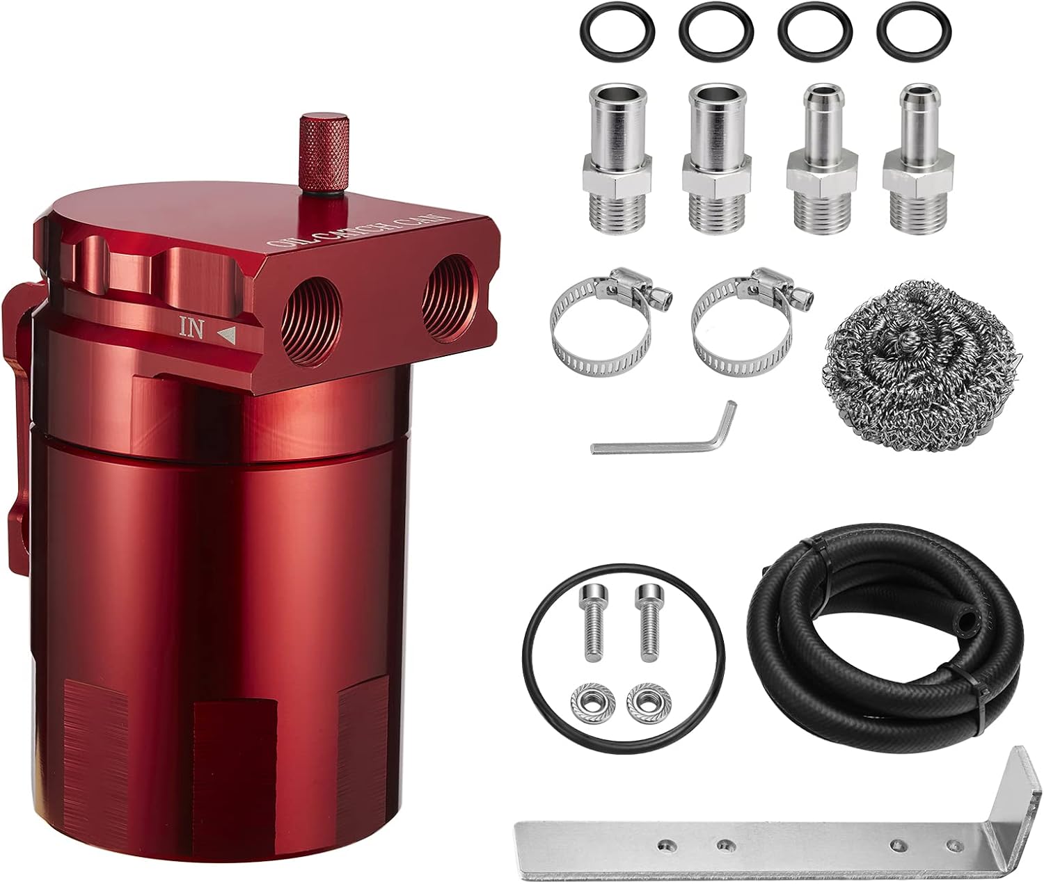 Oil Catch Can Baffled 300ml, Universal Aluminum Air Oil Separator Tank with 3/8" ID 5FT NBR Hose Kit- Red