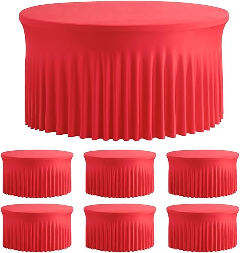 Paquete de 6 manteles redondos de elastano rojo para mesa de 60 pulgadas, manteles elásticos de 120 pulgadas ajustables de 5 pies, fundas de mesa