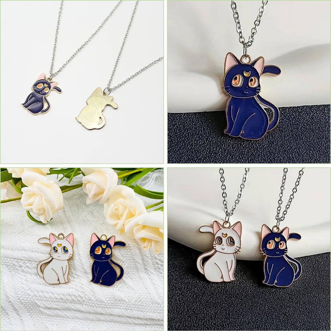 Collana con gatto nero e luna blu - Ciondolo con gatto nero e luna blu - Collana per amanti dei gatti - Gioielli di Halloween - Collana con gatto - Italia