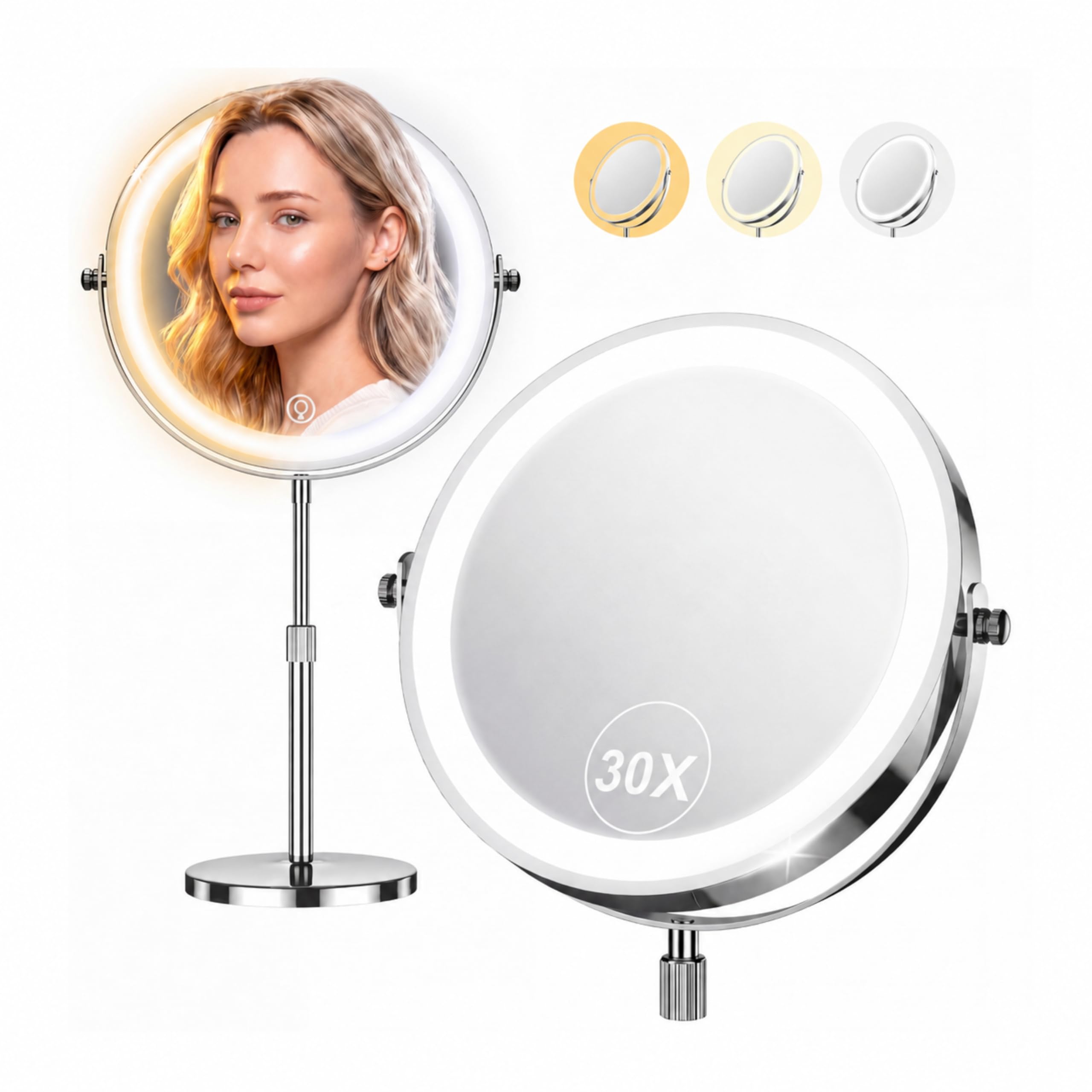Dienmern 1X/30X Makeup Mirror with Lights, 9" Magnifying Vanity Mirror Chrome