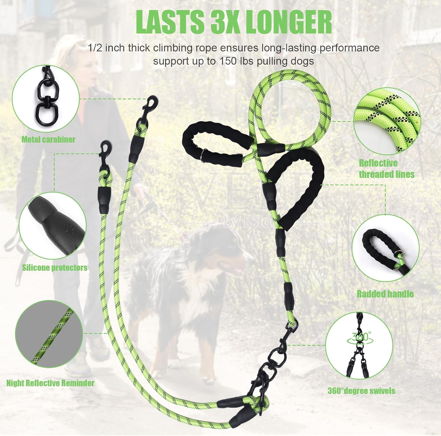 Exceptional 360 Anti-Tangle & No Pull Four Dog Leash - Four Handle & Reflective for Safety & Convenience, Suitable for Small & Medium Dogs (Green, 4 Way)