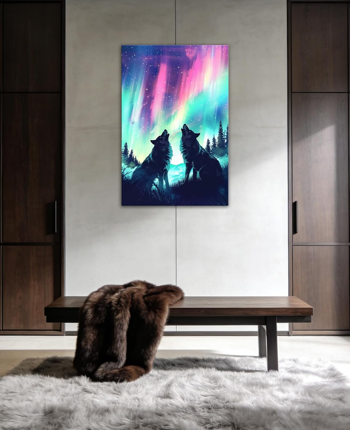 GLOKAKA Wolf Couple Canvas Wall Art Wolves Pictures Rustic Wildlife Painting Print Aurora Landscape Poster for Living Room Bedroom Decor(Artwork-1,12"x18")