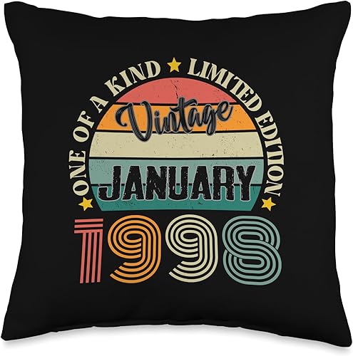 26 Year Old Vintage January 1998 26th Birthday Retro Throw Pillow, 16x16, Multicolor