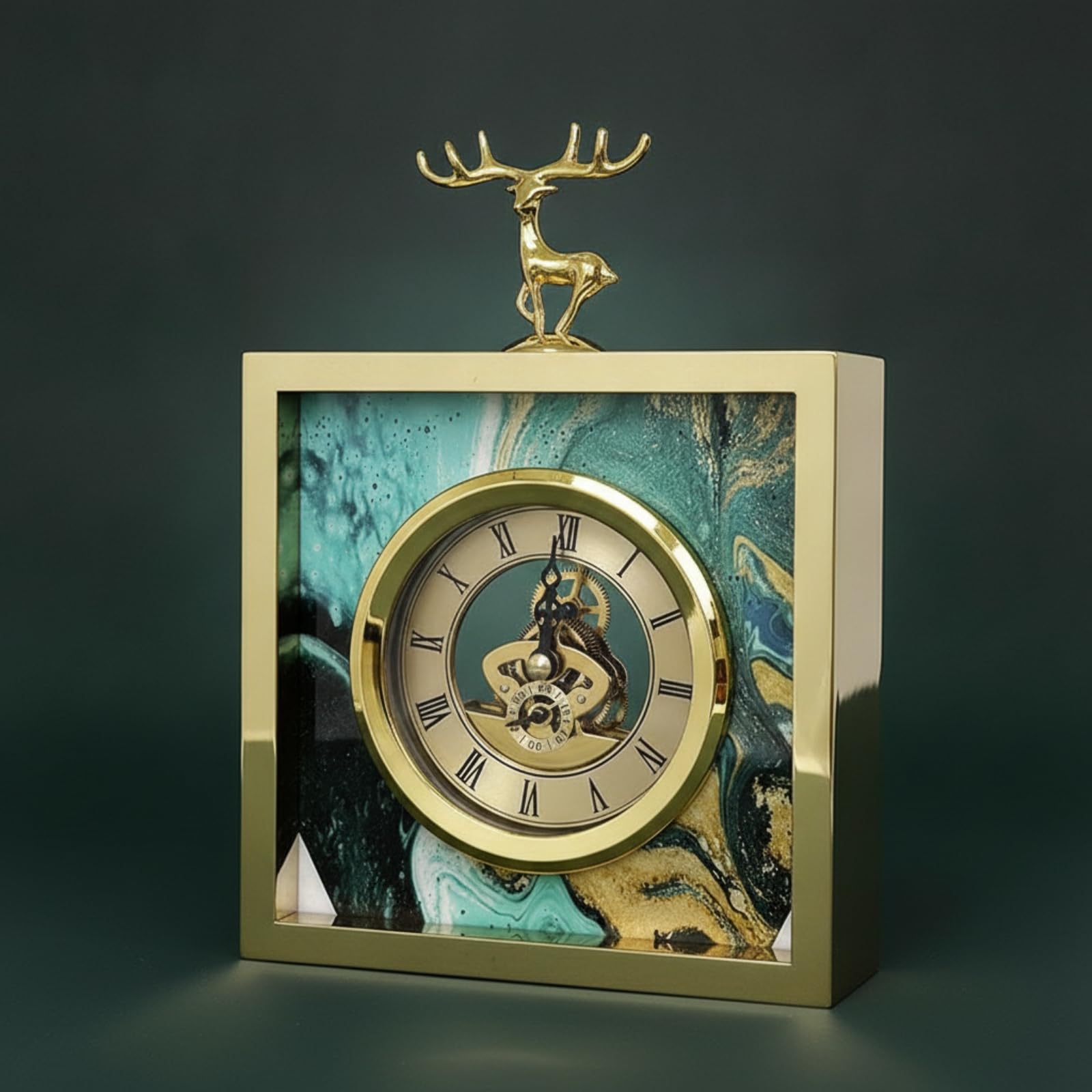 Sharplace Wanduhr Dekorative Uhr Analoge Uhr Tischuhr Standuhr mit Hirschfigur Runder Zeitmesser mit Römischen Ziffern Edelstahl Und Marmorierte Einlage für, 16 23cm, Quadratisch-Goldrand