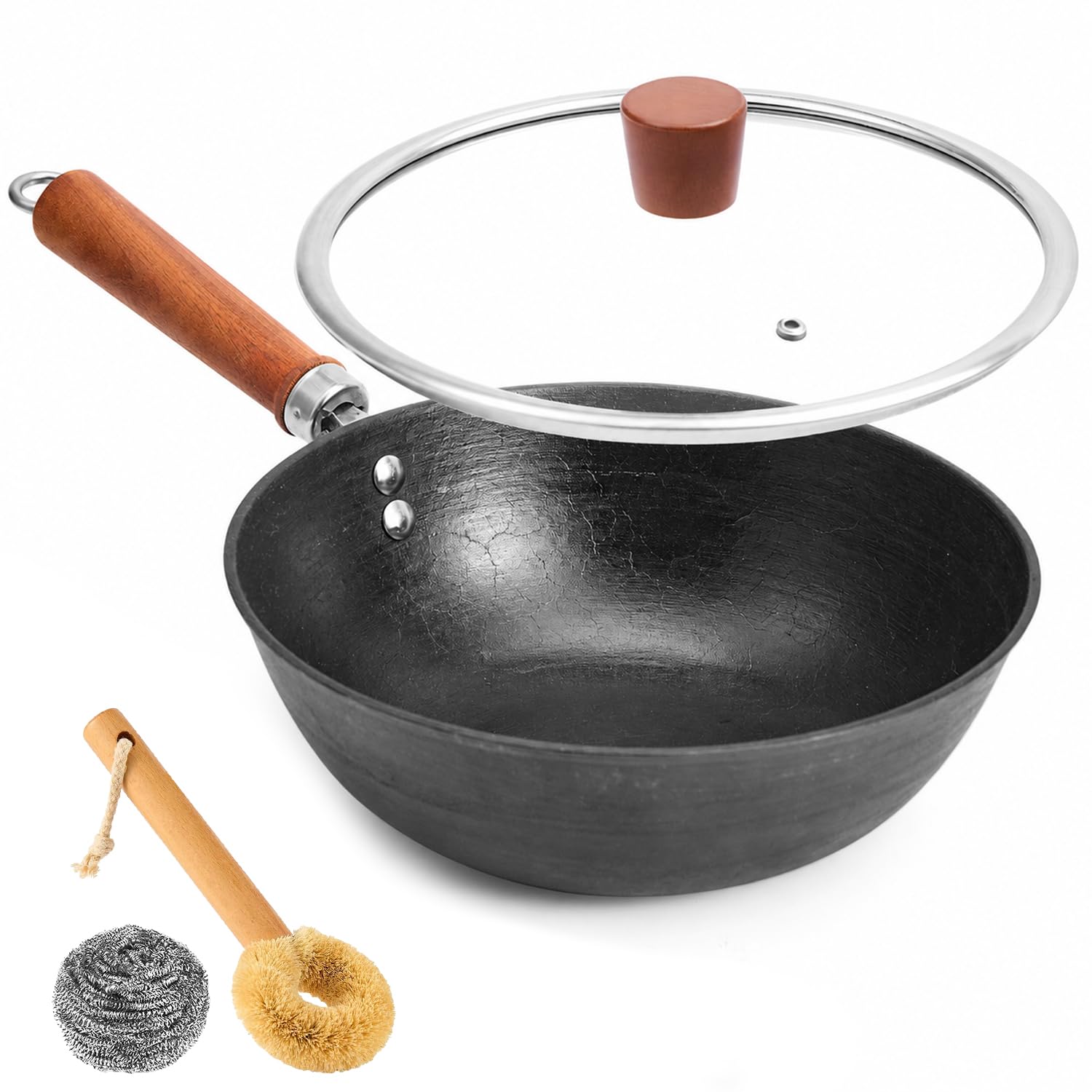 VIVIDCOOKWARE 10.2 Inch Flat Bottom Cast Iron Wok with Glass Lid and Wooden Handle, Non-Coated Stir Fry Pan for Gas, Induction, Electric, and Open Flame Cooking