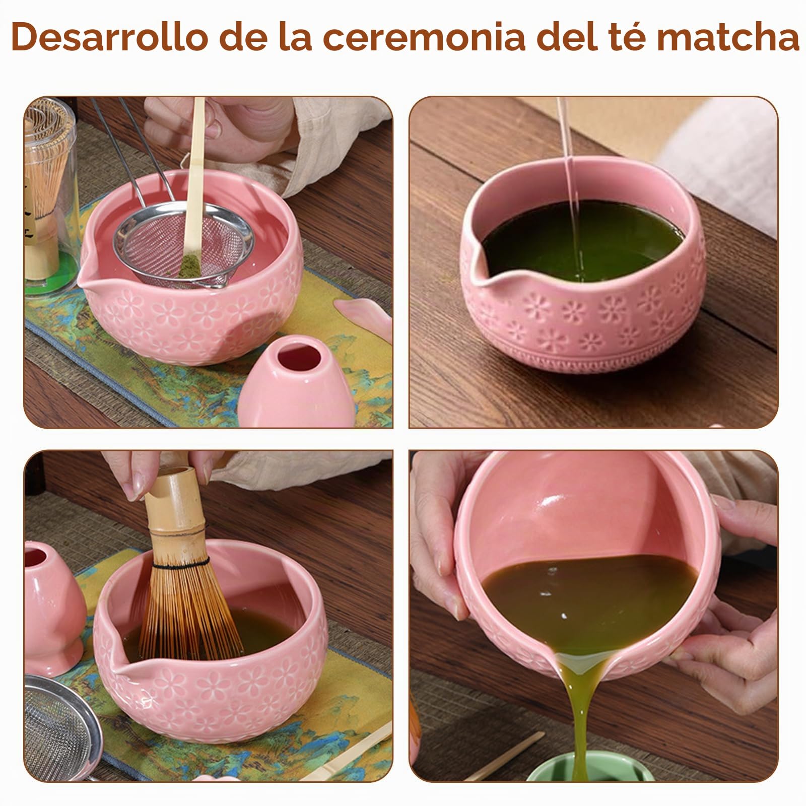Souvik Kit de Matcha Japonés 7 Piezas – Matcha Set de Ceremonia con Tazón con Pico, Batidor de Bambú, Cuchara, Tamiz, Soporte y Paño – Regalo Ideal para Amantes del Té, Rosa