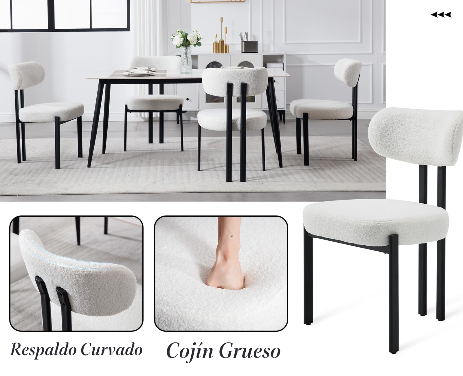 chairus 2PCS Sillas de Comedor Modernas de Piel Sintética, Blanco | Modernas, Tapizadas, Respaldo Redondo, Patas Metálicas, Para Hogar/Restaurante