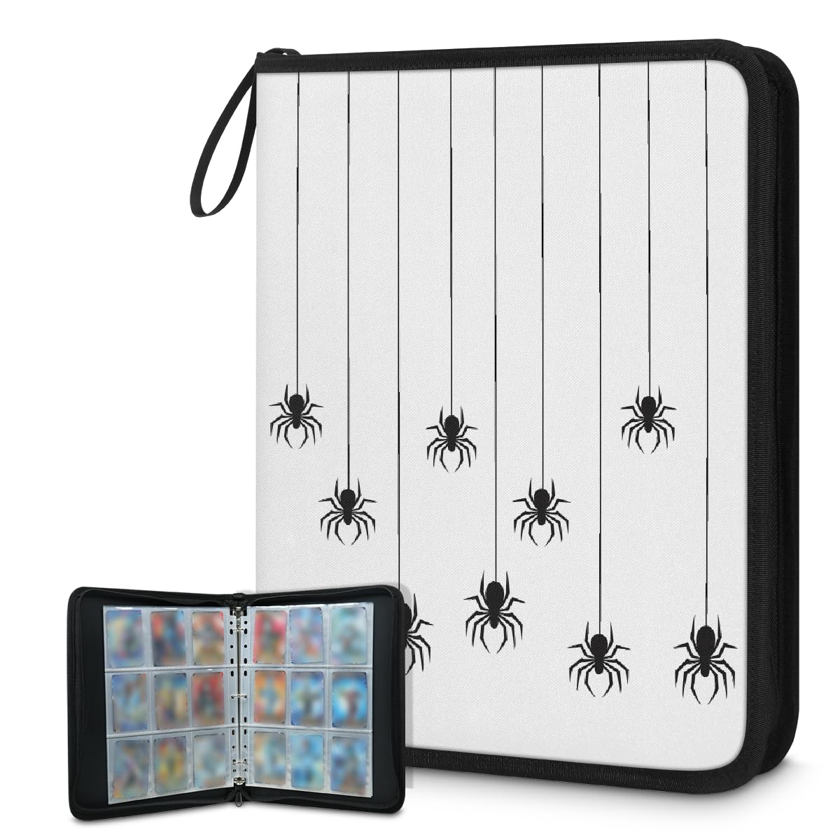 Raccoglitore per carte collezionabili con 9 tasche, motivo ragno, per Halloween, con maniche rimovibili, impermeabile, con cerniera, 50 pagine, capacità 900 carte