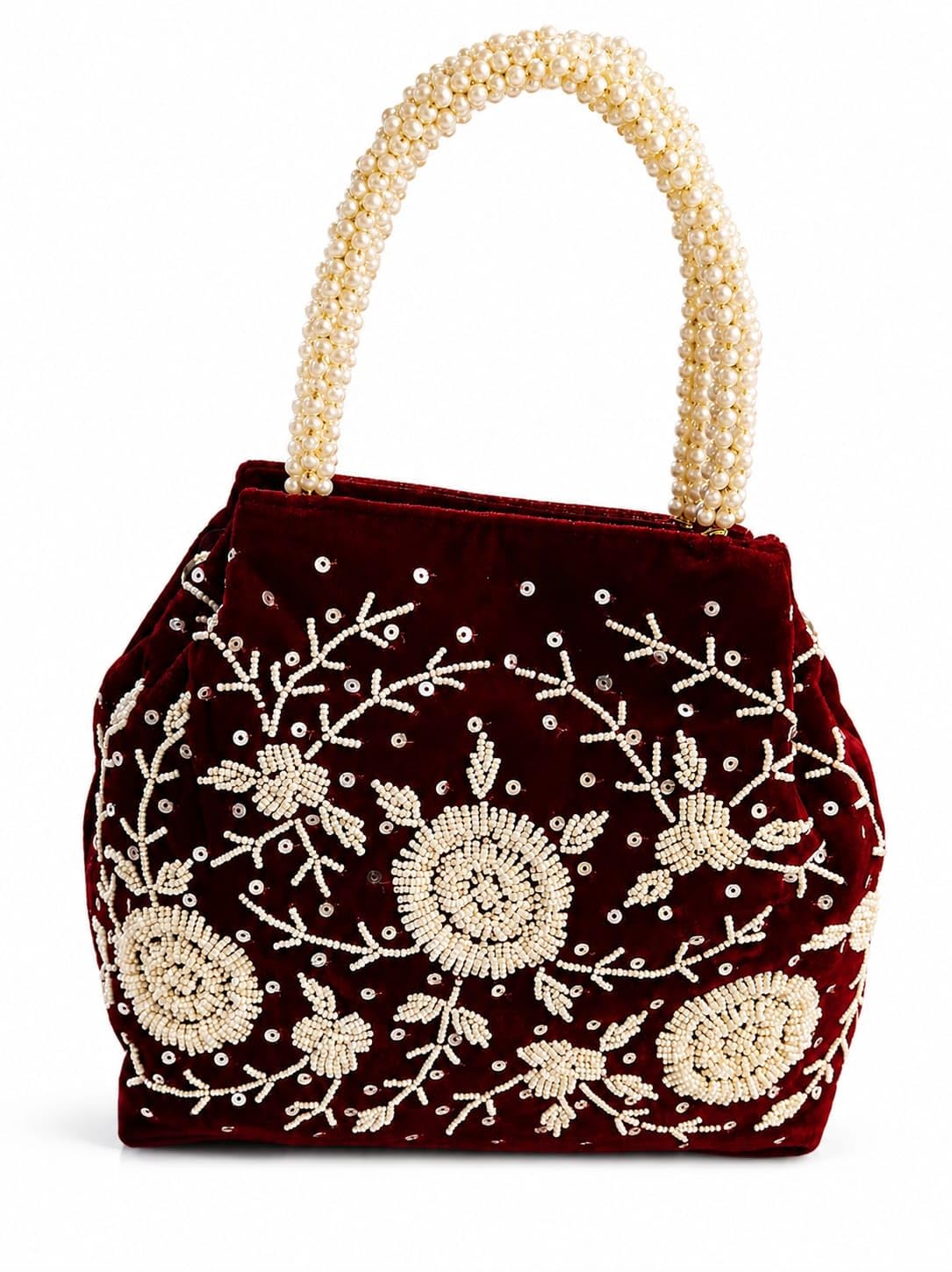 Women's Velvet Pearl Beaded Potli Handbag | Designer Ethnic Tote Bag for Wedding, Party & All occasion. (Maroon)-image-32