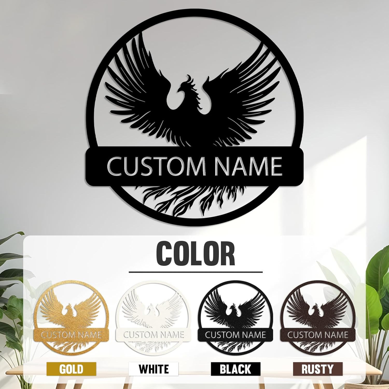 KAINSY Personalized Phoenix Metal Sign | Custom Metal Name Sign | Metal Phoenix Sign for Outsides | Family Wall Art | Housewarming Gift | Wedding Gift | Wall Decor for Living Room Bedroom | Home Decor