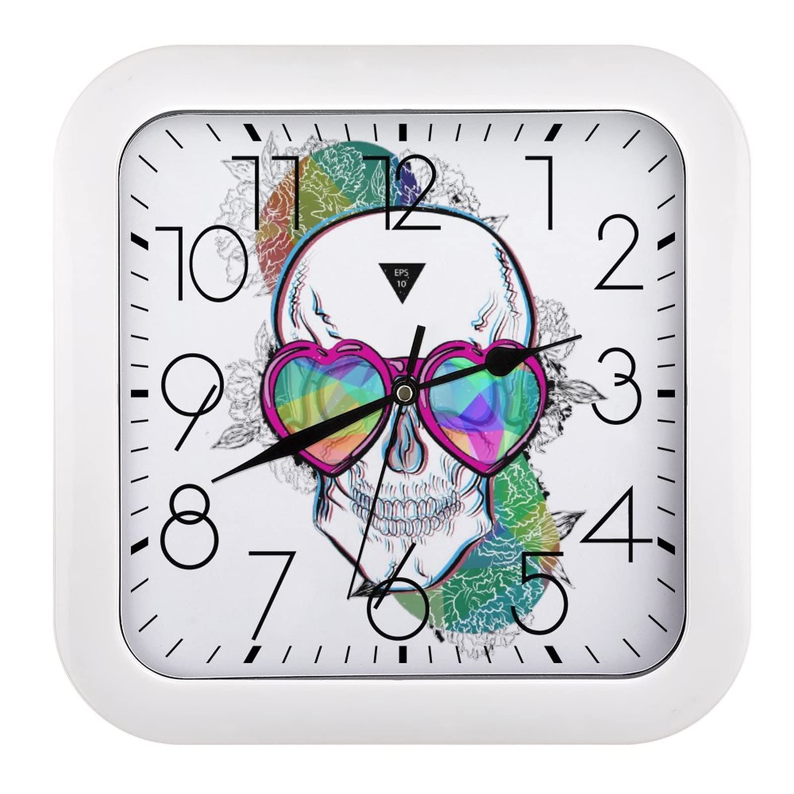 Horloge murale carrée crâne à lunettes grands chiffres design moderne