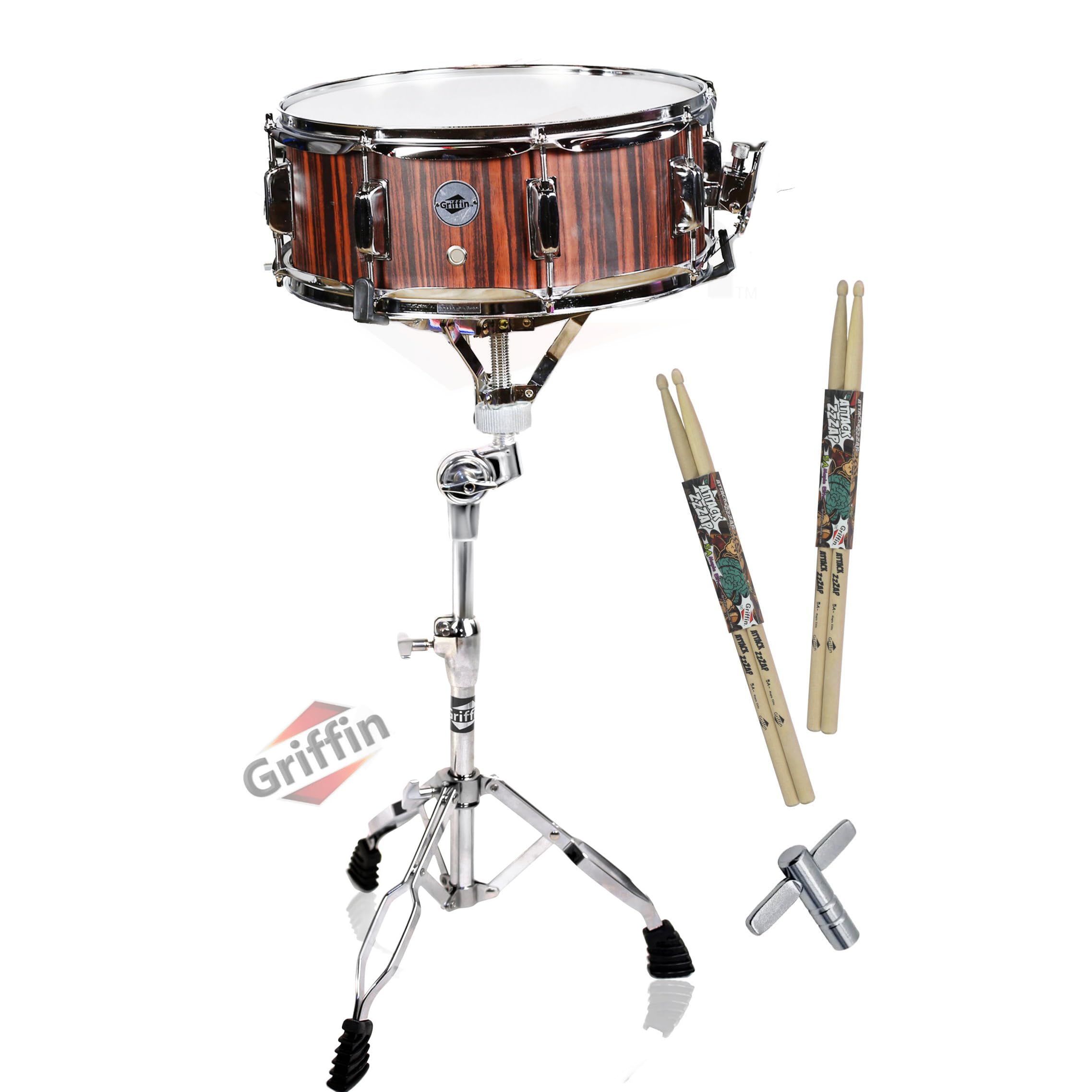 GRIFFIN 14" x 5.5" Snare Drum Set (PoplarPro Edition) – Includes Stand, 2 Pairs of Maple Sticks & Drum Key – Wood Shell Acoustic Percussion Kit for Practice & Gigs
