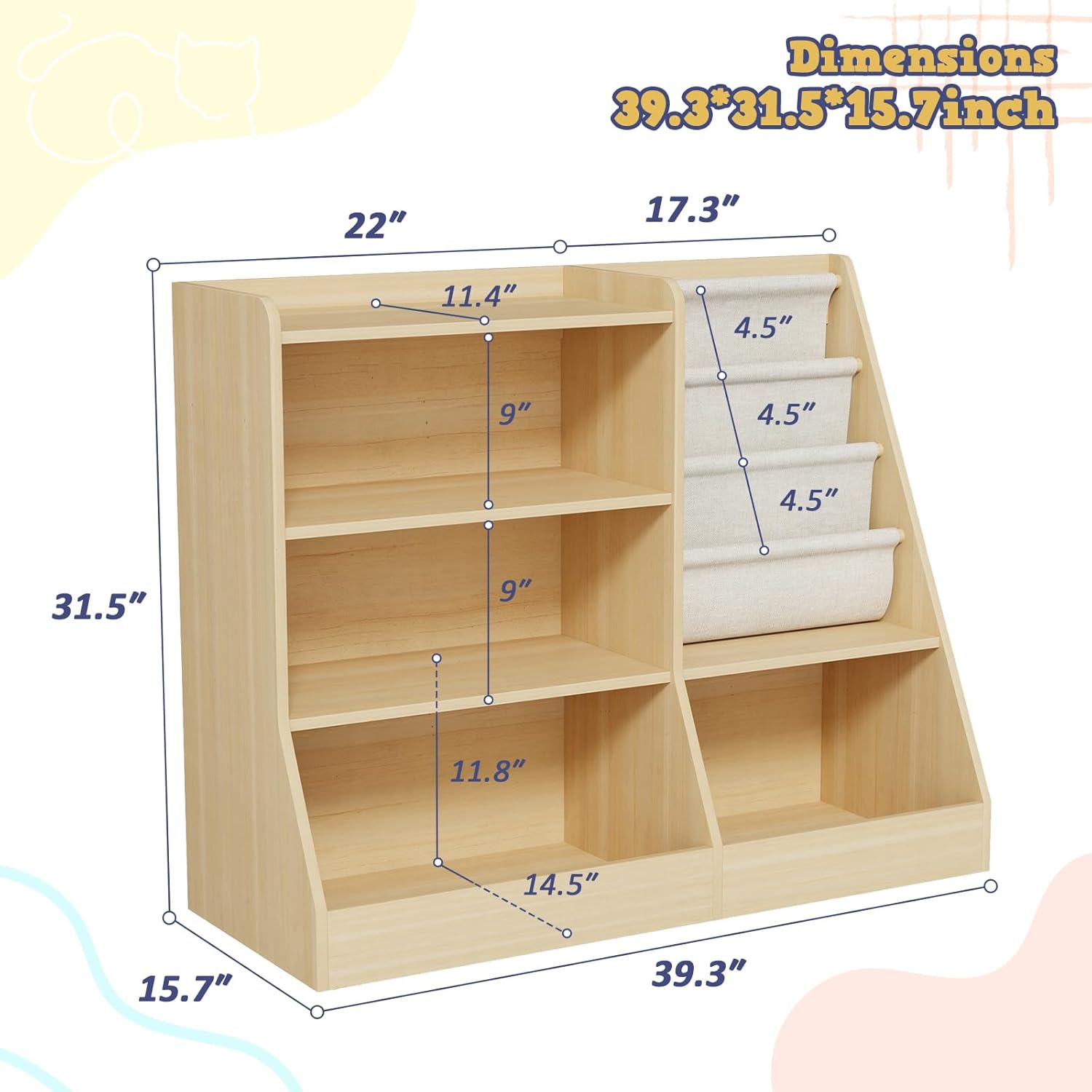 39" Large Kids Wooden Bookshelf and Toy Storage Organizer, Baby Bookcase with Sling Book Rack, Children Toddler Wooden Book Shelf for kids rooms, Playroom, Classroom, Nursery, School (Natural) - Image 2