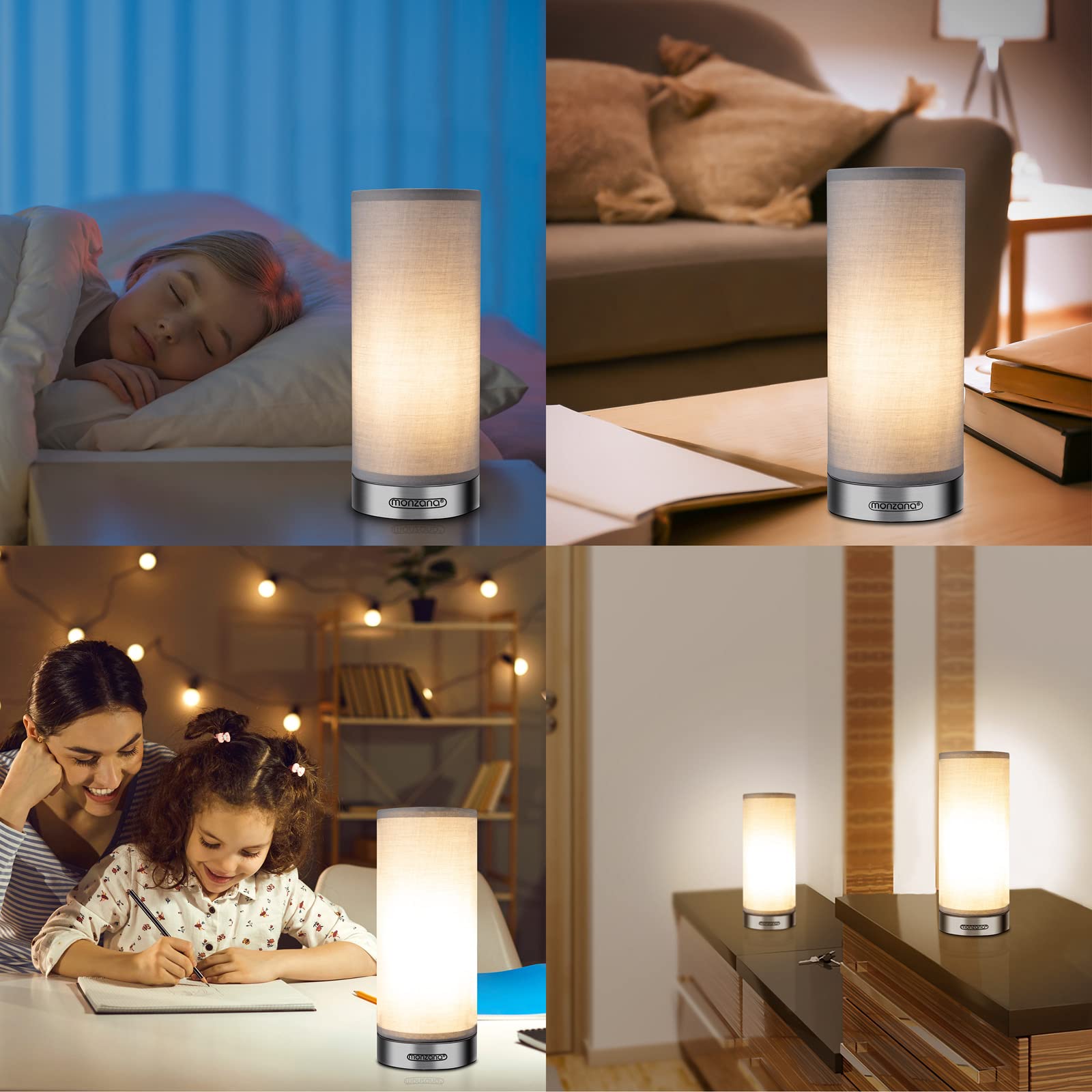 Monzana 2x Lámparas de Mesita de Noche LED Táctil Dormitorio Escritorio E14 Atenuable Níquel Satinado Gris