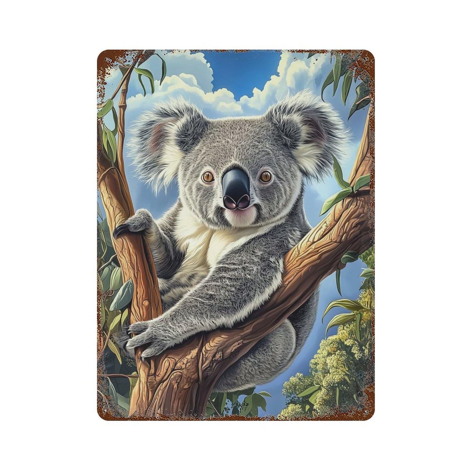 Koala in Eucalyptus Tree Rusty Metal Tin Sign 15.7"x11.8", Old School Wall Decor for Garage, Pub Or Kitchen