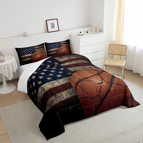 Miniatura 4 de Erosebridal Juego de edredón de bandera estadounidense para niños, juego de ropa de cama de baloncesto tamaño individual, juegos deportivos retro,