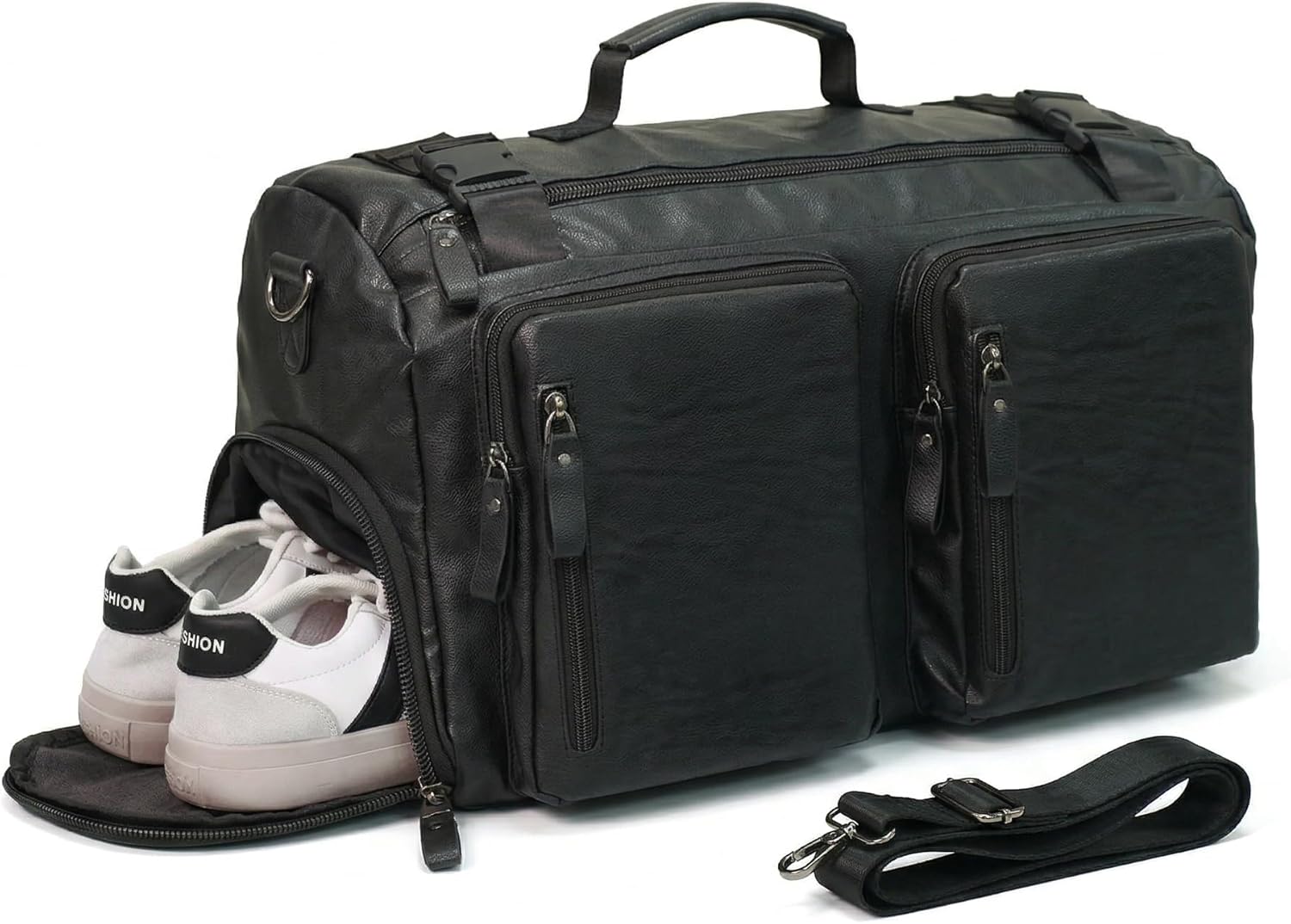 Leather Duffle Bag for Travel, Waterproof Overnight Weekend Gym Carry On Bag with Shoe Compartment for Men Women Black